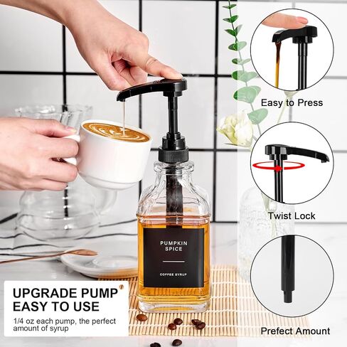 Coffee Syrup Dispenser for Coffee Bar, Glass Syrup Dispenser with Pump, Coffee Syrup Pump Dispenser Bottle with Tray, Spoon for Coffee Station, Coffee Bar Organizer, Black,16.9 oz, 500 ml in Saudi Arabia