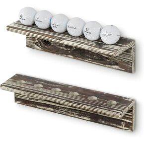 MyGift Rustic Torched Wood Golf Ball Holder, 12-Inch Display Floating Shelf, Set of 2