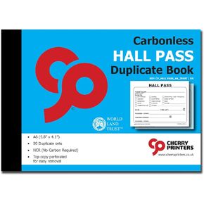 Cherry Hall Passes Book with Duplicate Carbon Copies / 50 (5.8 x 4.1 Inch) Passes per Book