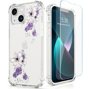 RoseParrot case for iPhone 13 with Screen Protector + Ring Holder, Clear with Floral Pattern Design, Soft&Flexible Bumper Shockproof Protective Cover （Fireflies）