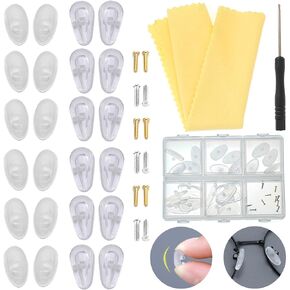 Eyeglass Nose Pads，ESSSO Upgraded 12 Pairs of Soft Jelly-Like & Air Chamber Silicone Nose Pads，Screw-in Glasses Nose Pad Replacement Kit with Gold and Silver Eyeglass Screws,Screwdriver,Glasses Cloth