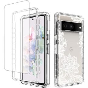 Case for Pixel 7/Google 7 with Tempered Glass Screen Protector, Floral Design Shockproof Bumper Full Body Protective Cell Phone Cover for Google Pixel 7 (Mandala)