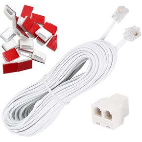 Phone Cord, 6P4C Black Phone Telephone Extension Cord Cable Line Wire RJ11 6P4C Modular Plug for Landline Telephone Modem Accessory (33ft with Cable Clip Holders-White)