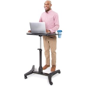Stand Steady Cruizer Express Mobile Podium | Portable Laptop Stand with Pull Out Mouse Pad & Cup Holder | Pneumatic Sit to Stand Computer Cart with Locking Casters & Easy Cord Management (Black)