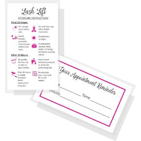 Lash Lift Aftercare Instruction + Appointment Reminder Cards | 50 Pack | 2 x 3.5" inches Business Card Size | Starter Eyelash Lift Kit at home diy aftercare supplies | White with Pink Icons Design