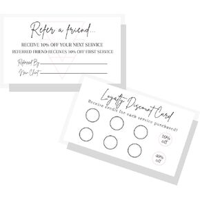 Referral & Loyalty Discount Card | 50 Pack | 3.5 x 2" inches Business Card Size | Business Referrals | Loyalty Punch Cards | Black and White Minimalist Design with Soft Pink Accent 10% 50% discount