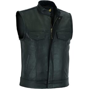 Leatherick Mens SOA Cowhide Milled Leather Motorcycle Vest Black with Gun Pockets