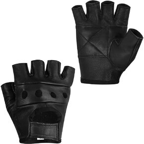 Men's Leather Gloves Racing Fingerless Motorcycle Hand Black & Red Gloves W/Breathable Open Knuckle