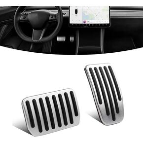 2 PCS Automotive Brake Accelerator Pedal, Anti-Slip Rubber Strip Durable Alloy Brake Pedal, Modification Replacement Accessories, Compatible with 2019-2024 Tesla Model 3 Model Y (Silver)