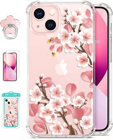 RoseParrot case for iPhone 13 with Screen Protector + Ring Holder, Clear with Floral Pattern Design, Soft&Flexible Bumper Shockproof Protective Cover （Fireflies） in Saudi Arabia