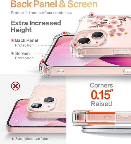 RoseParrot case for iPhone 13 with Screen Protector + Ring Holder, Clear with Floral Pattern Design, Soft&Flexible Bumper Shockproof Protective Cover （Fireflies） in Saudi Arabia