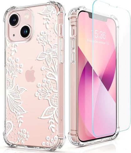 RoseParrot case for iPhone 13 with Screen Protector + Ring Holder, Clear with Floral Pattern Design, Soft&Flexible Bumper Shockproof Protective Cover （Fireflies） in Saudi Arabia
