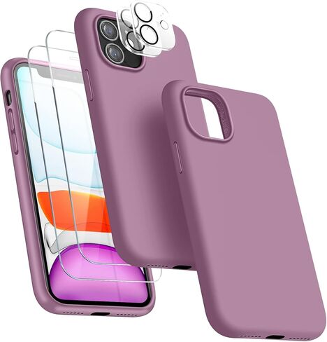 [جراب 5 في 1 لهاتف iPhone 11 مقاس 6.1 بوصة، مع عبوتين من واقي الشاشة + عبوتين من واقي عدسة الكاميرا، جراب هاتف واقٍ نحيف من السيليكون السائل مضاد للصدمات [بطانة من الألياف الدقيقة]... (أخضر جبال الألب) in Kuwait
