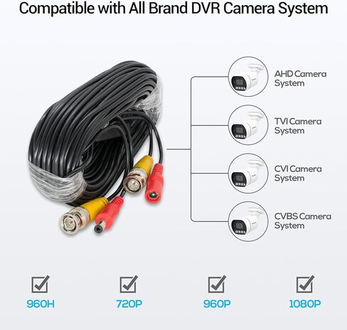 3 حزم كابل طاقة فيديو BNC بطول 60 قدمًا/18 مترًا، سلك كابلات كاميرا أمان تمديد BNC لجميع أنظمة المراقبة 1080P HD CCTV DVR، كابل BNC in Kuwait