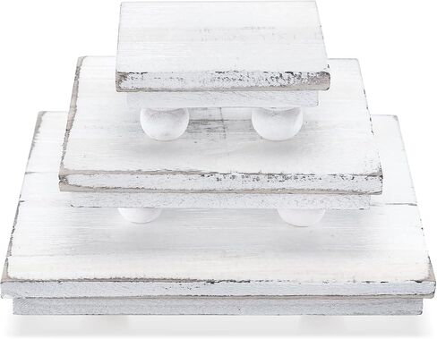 Set of 3 Wooden Risers for Display Wood Pedestal Stand Square Wood Tiered Display Stand Washed White Wood Display Riser Wood Risers for Decor Rustic Farmhouse Riser for Home Kitchen Tiered Tray in Saudi Arabia