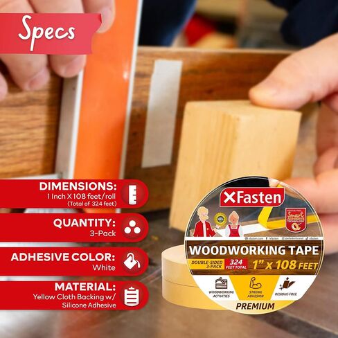 XFasten Double Sided Woodworking Tape 1 Inch x 108 Feet (3-Pack), Residue-Free Double Sided Tape for Wood Template, MDF, Edge Banding, Routing, Anchoring, Strong Adhesion but Removable in Saudi Arabia