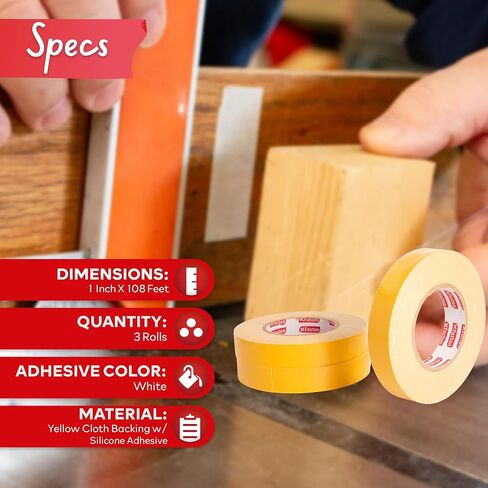 XFasten Double Sided Woodworking Tape 1 Inch x 108 Feet (3-Pack), Residue-Free Double Sided Tape for Wood Template, MDF, Edge Banding, Routing, Anchoring, Strong Adhesion but Removable in Saudi Arabia