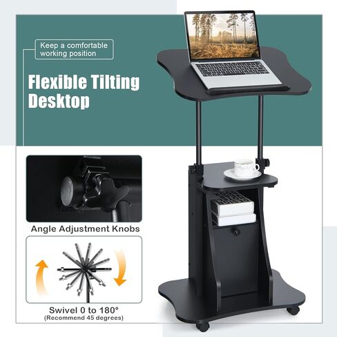 منصة كمبيوتر محمول متنقلة، حامل منصة محمول قابل للتعديل بارتفاع، مكتب منبر متدحرج مع مساحة تخزين، سطح مائل بزاوية 180 درجة، عجلات عالمية قابلة للقفل، مكتب كمبيوتر يمكن وضعه في المنزل والمكتب in Kuwait