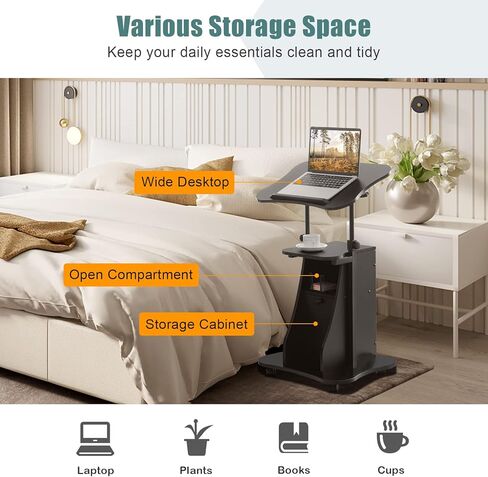 منصة كمبيوتر محمول متنقلة، حامل منصة محمول قابل للتعديل بارتفاع، مكتب منبر متدحرج مع مساحة تخزين، سطح مائل بزاوية 180 درجة، عجلات عالمية قابلة للقفل، مكتب كمبيوتر يمكن وضعه في المنزل والمكتب in Kuwait