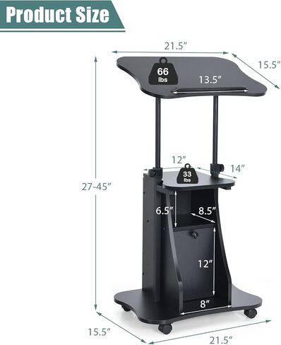 منصة كمبيوتر محمول متنقلة، حامل منصة محمول قابل للتعديل بارتفاع، مكتب منبر متدحرج مع مساحة تخزين، سطح مائل بزاوية 180 درجة، عجلات عالمية قابلة للقفل، مكتب كمبيوتر يمكن وضعه في المنزل والمكتب in Kuwait