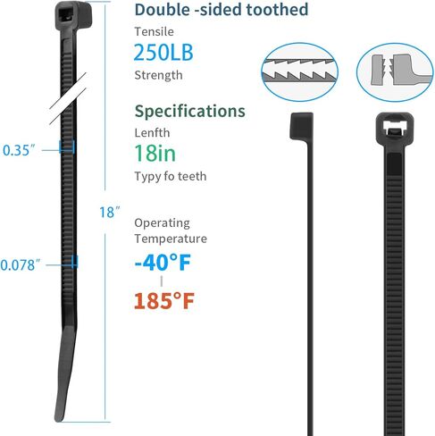 24 inch Black Zip Ties Heavy Duty Double Sided Toothed 100 Pack, 250 LBS Ultra Strong Plastic Wire Ties, Large Cable Ties Extra Long Tie Wraps, Indoor and Outdoor UV Resistant in Kuwait