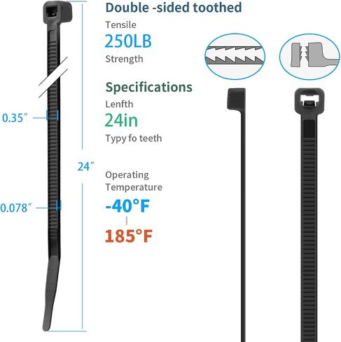 24 inch Black Zip Ties Heavy Duty Double Sided Toothed 100 Pack, 250 LBS Ultra Strong Plastic Wire Ties, Large Cable Ties Extra Long Tie Wraps, Indoor and Outdoor UV Resistant in Saudi Arabia