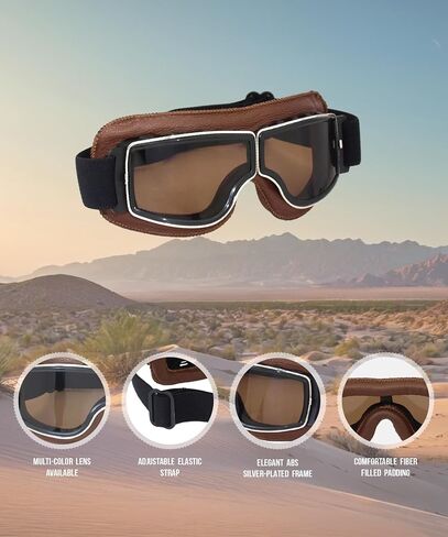 Motorcycle Goggles Vintage Aviator Pilot Style Leather Cruiser Scooter Motocross Goggles for Men, Women,Adults in Saudi Arabia