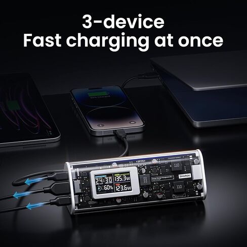 SHARGEEK 170 Power Bank, 170W Output 24,000mAh Portable Charger with IPS Smart Screen Display, IP66 Waterproof with 3 Port Compatible with iPhone 15/14/13 Series, Samsung, MacBook, and More in Saudi Arabia
