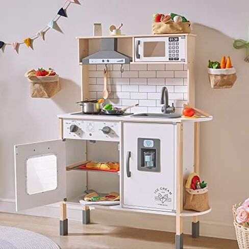 مطبخ تايني لاند للأطفال، مجموعة لعب المطبخ الخشبية للأطفال، مجموعة ألعاب الشيف التظاهري للأطفال الصغار مع أضواء وأصوات حقيقية، ألعاب المطبخ مع 18 قطعة من ملحقات الطعام وأدوات الطبخ in Kuwait