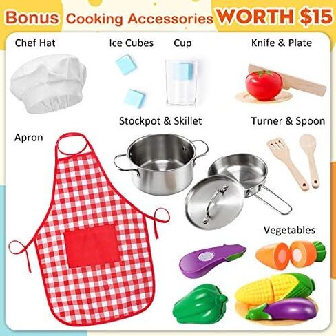 مطبخ تايني لاند للأطفال، مجموعة لعب المطبخ الخشبية للأطفال، مجموعة ألعاب الشيف التظاهري للأطفال الصغار مع أضواء وأصوات حقيقية، ألعاب المطبخ مع 18 قطعة من ملحقات الطعام وأدوات الطبخ in Kuwait