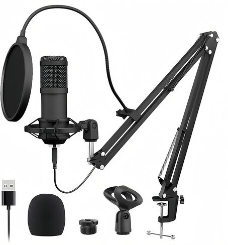NI-T USB Condenser Microphone,192KHz/24Bit Studio Cardioid Condenser Mic Kit with Sound Card,Boom Arm,Shock Mount,Pop Filter,Microphone Clip,3/8" to5/8 Adapter,Youtuber, Gaming, Recording. in Kuwait