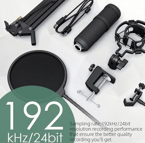NI-T USB Condenser Microphone,192KHz/24Bit Studio Cardioid Condenser Mic Kit with Sound Card,Boom Arm,Shock Mount,Pop Filter,Microphone Clip,3/8" to5/8 Adapter,Youtuber, Gaming, Recording. in Kuwait