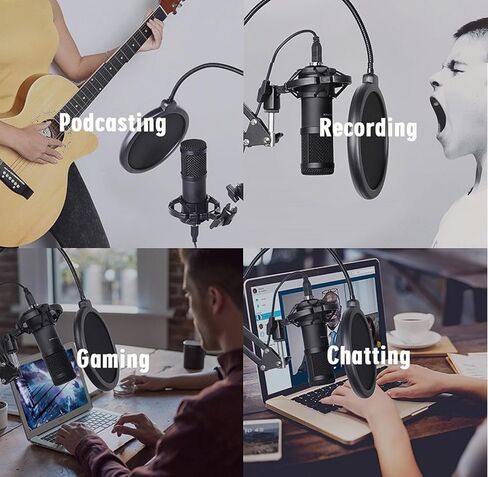 NI-T USB Condenser Microphone,192KHz/24Bit Studio Cardioid Condenser Mic Kit with Sound Card,Boom Arm,Shock Mount,Pop Filter,Microphone Clip,3/8" to5/8 Adapter,Youtuber, Gaming, Recording. in Kuwait