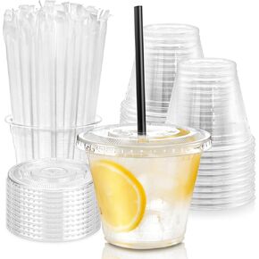 Fit Meal Prep 100 Pack 20 oz Plastic Iced Coffee Cups with Flat Lids and Black Straws, Disposable Clear Cup, BPA Free Cup for Party, Smoothie, Cold Drinks, Juice, Milkshake, Bubble Boba, Tea