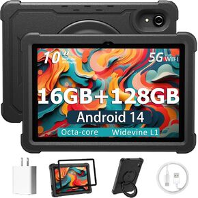 HUIHUANG Tablet 10 inch Android 14 Tablets, 16GB RAM 128GB ROM 1TB TF, Octa-Core, Large Capacity Battery, 5MP + 8MP Dual Camera, 5G/2.4G WiFi, Bluetooth 5.0, GPS, Drop Proof Case，Metal Body -Black