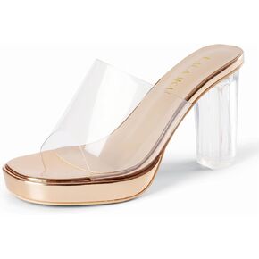 Lala Ikai's Clear Heels Cheels Clears Slip on Open Tee Heels Sandals Gold Gold Sliver Sliver Chunky Block Cliper Bress Bress Shoes