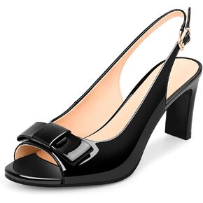Women's Peep Toe Slingback Heeled Sandals Block Heel Bow Patent Leather Shoes