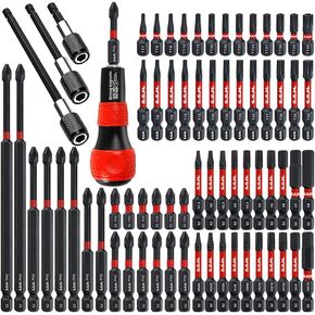69Pcs Impact Type Manual Screwdriver Bit Set, 1/4 Inch Hex Shank, Phillips And Torx Screwdriver Bit Set With Red Black Ball Grip Screwdriver Handle And 3Pcs Hex Shank Quick Release Bar