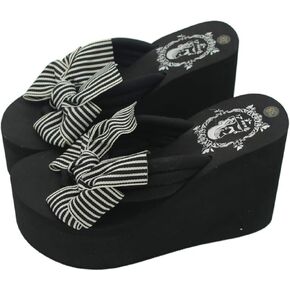 Mamilove Womens Chunky High Platform Wedge Flip-flops Sandals 9 White Stripes