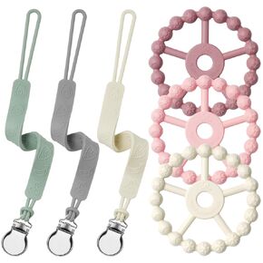 Silicone Ring Teether and Pacifier Clip, Seposeve Pack of 3 Baby Pacifier Teether Clip for Babies 0-6 Months, Teething Ring Toys, Keeps Teethers Clean, 6-12 12-24 Months