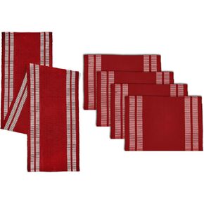 Encasa Homes Dining Set (4 Placemats in + 1 Table Runner) | Ladder Red | Fine Ribbed Cotton | Modern Colours & Designs, Use at Home, Cafes, Restaurants & Hotels - Machine Washable