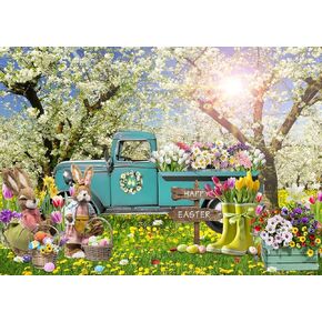 7x5ft Easter Photography Background Blue Truck Easter Egg Rabbit Background Spring Party Decoration Banner Flower Forest Family Party Decoration Banner 057
