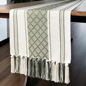 Boho Chic Square Kitchen Table Runner Textured Woven Black and White Table Runner with Tassels Vintage Rustic Woven Modern Farmhouse Decor for Dresser (Black, 14x72 inch)