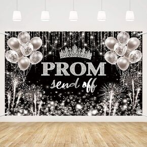 MEHOFOND Prom Send Off Backdrop Black and Silver Prom 2025 Photography Background Silver Glitter Congrats Graduation 2025 Party Decorations Banner Photo Studio Props