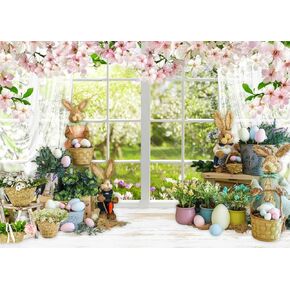 LYCGS 7X5ft Spring Backdrop Easter Backdrop Easter Themed Party Backdrop Window Colorful Eggs Rabbit Pink Flowers Forest Easter Backdrops for Photography Easter Decorations X-207
