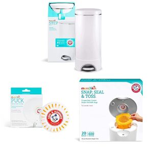Munchkin® Step™ Diaper Pail Powered by Arm & Hammer, #1 in Odor Control, Award-Winning, Includes 21 Snap, Seal & Toss™ Bags, 1 Starter Refill Ring, and 2 Puck™ Baking Soda Cartridges