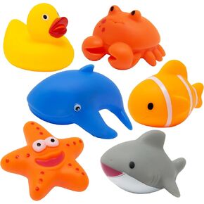 Kiddie Play Animal Bath Toys 6 Pcs Rubber Squeaky Floating Sea Creatures, Fun Bath Time Set for Toddlers & Kids, Includes Duck, Crab, Shark, Fish, Whale, and Starfish