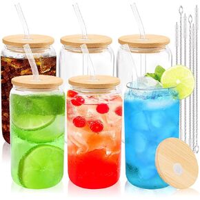 Joyclub Glass Cups with Bamboo Lids and Straws 8 Set 16 oz Reusable Iced Coffee Cup Beer Can Drinking Jars for Smoothie Whiskey Boba Soda Tea Gift