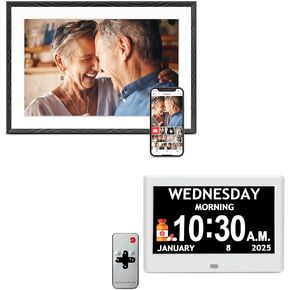 10.1'' Frameo WiFi Digital Picture Frame with 7 inch Digital Clock with Date and Time for Elderly