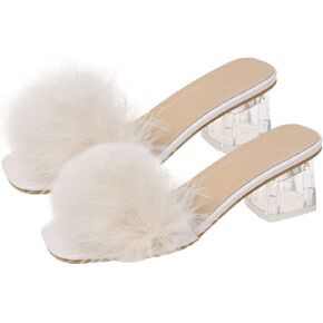 Fluffy Heels for Women Faux Fur Mules Open Toe Slides Block Heel Transparent Sandals Fuzzy Slippers Dress Shoes